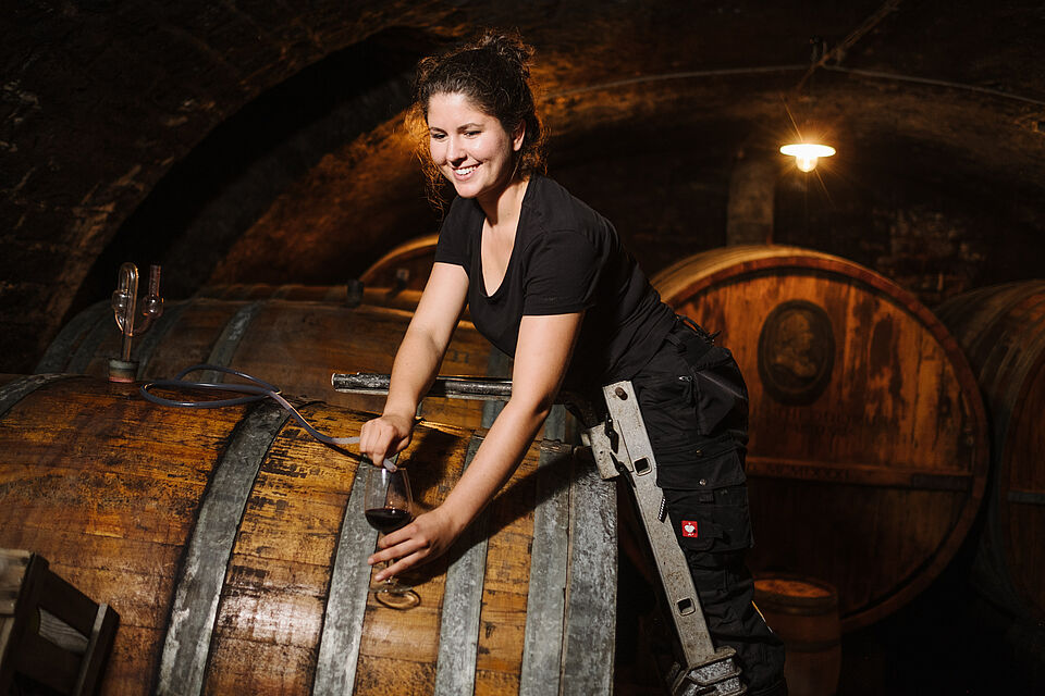 Étudiante en viticulture lors du prélèvement d'un échantillon de vin rouge dans la cave à barriques de son entreprise formatrice