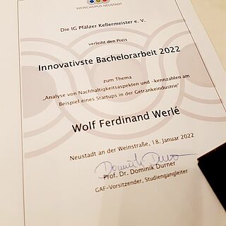 Certificate for the most innovative bachelor thesis 2022