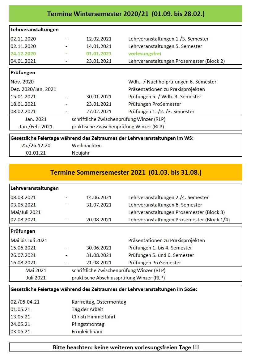 Semestertermine 2020/2021 Semestertermine 2020/2021