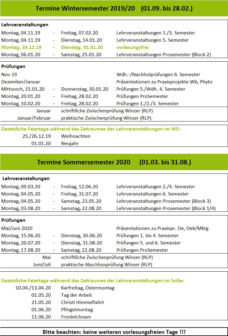 Auflistung der Semestertermine am Weincampus Neustadt
